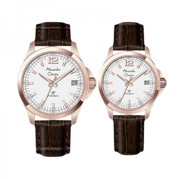 Alexandre Christie AC 1031 Rosegold White Brown Leather Couple